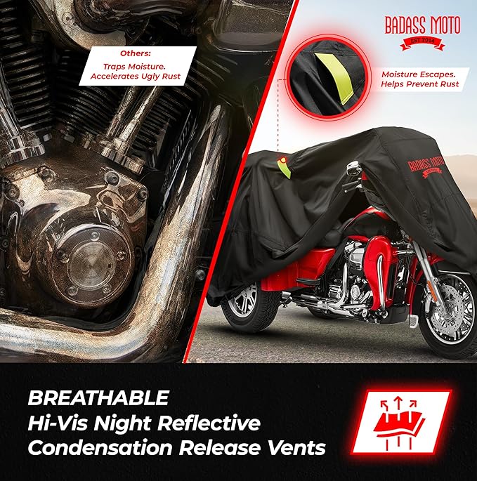 Badass Moto Fits Harley Davidson Trike Cover - Ultimate Heavy Duty Waterproof Motorcycle Cover Outdoor Storage for Tri Glide Ultra, HD Road Glide 3, Freewheeler - Triglide, Harley Trike Accessories