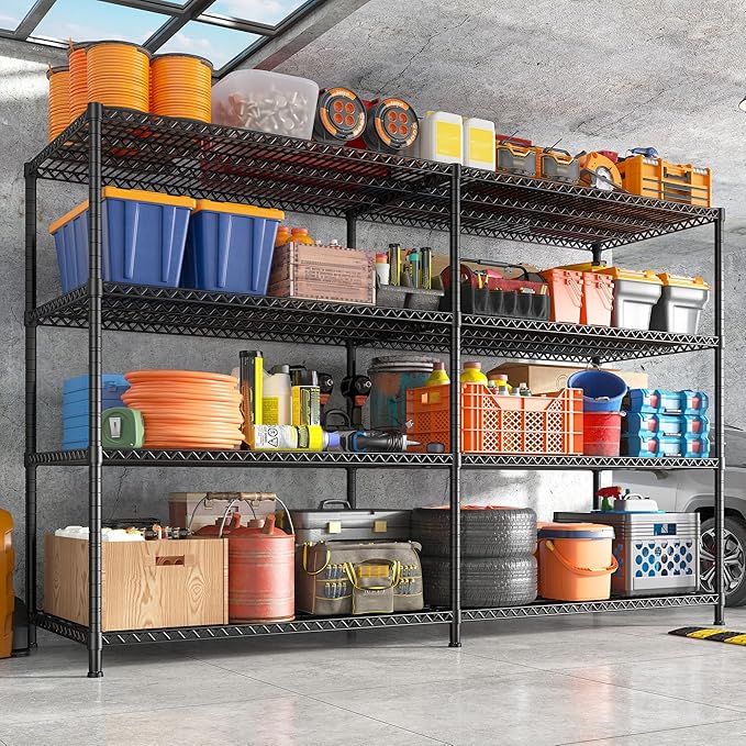 REIBII 81.5''W Storage Shelves 3680LBS Garage Shelving Heavy Duty 4 Tier Metal Shelving Unit Adjustable Wire Shelf and Storage Pantry Shelves for Kitchen Garage，81.5Wx23.62Dx70.86H，Black