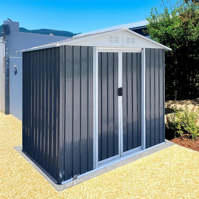 6x4 FT Outdoor Metal Storage Shed with Floor Base Frame, Waterproof Garden Sheds w/Lockable Sliding Doors and Vents, Outside Steel Tool Storage House for Backyard, Patio, Lawn, Grey