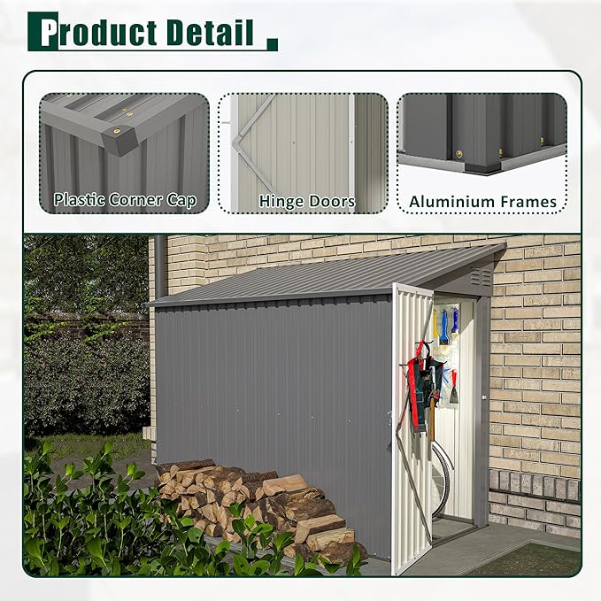 4x8 FT Outdoor Storage Shed,Lean to Metal Shed W/Floor Included,Garden Storage Shed W/Lockable Door,All Weather Waterproof Tool House W/ 2 Air Vents,for Backyard,Patio,Lawn,Garden,Gray