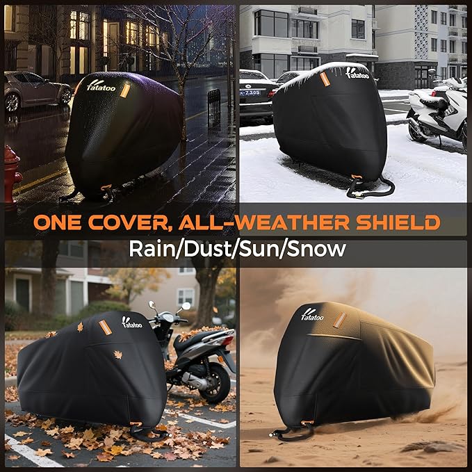 Motorcycle Cover Waterproof Outdoor, 300D Heavy Duty, UV & Rain Resistant, 3 Wind-Resistant Buckles, Dual Lock Holes, Includes Storage Bag, Fits Most Motorcycles up to 96.5",Silver