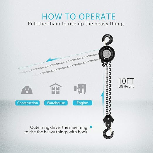 SPECSTAR Hand Chain Hoist 2 Ton 4400 Lbs Capacity 10 Feet with 2 Heavy Duty Hooks, Manual Chain Fall for Warehouse Building Automotive Machinery Black