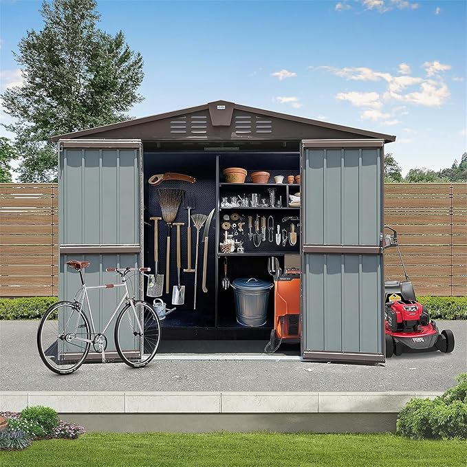 IKERY Metal Storage Shed - 8.2' x 6.2' with Double Lockable Doors and Air Vents, Utility Tool Shed for Backyard, Patio and Garden, Brown