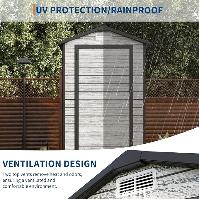 Weather-Resistant Resin Shed with Window, Outdoor Storage Shed Resin Garden Sheds PVC, Backyard Plastic Garden Shed with Lockable Door and Vents