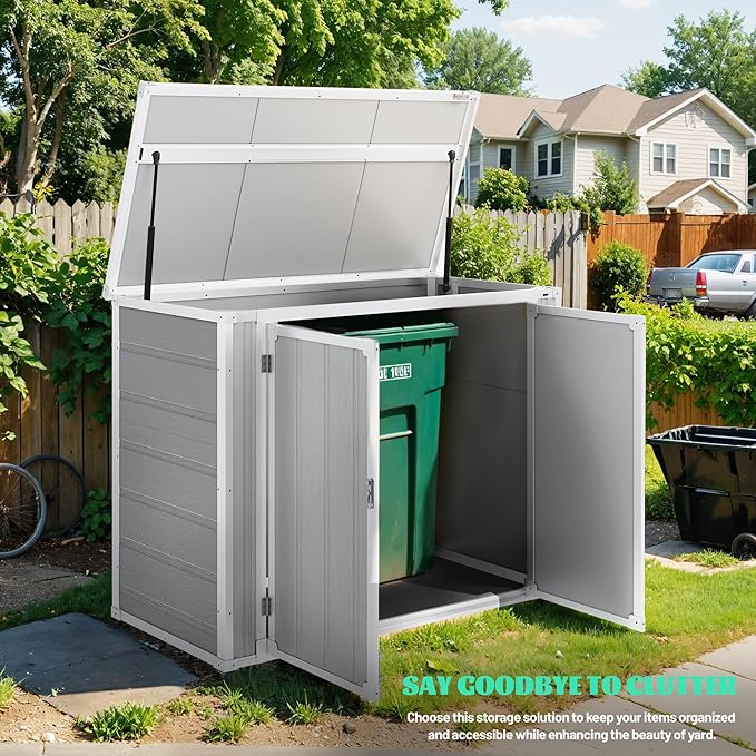 41 Cu.Ft Resin Shed with Floor, 4.7x2.5 FT Outdoor Horizontal Storage Shed for Trash Cans and Garden Tools, Waterproof Outdoor Plastic Shed for Lawn Mower, Pool Toys, Bicycle (Gray)