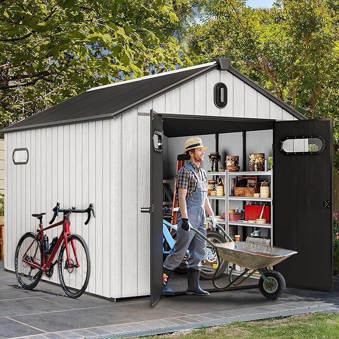 YITAHOME 8x10ft Outdoor Resin Storage Shed with Floor, 544 cuft Waterproof Garden Shed with Lockable Door, Windows & Vents, Plastic Tool Storage for Patio Furniture, Lawnmower, and Bike Storage, Gray