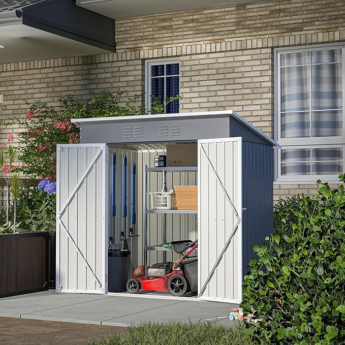 6x4 FT Outdoor Metal Storage Shed with Lockable Door & Floor Frame, Heavy-Duty Garden Tool Shed, Weatherproof Steel Utility Shed for Backyard, Patio, or Lawn Organization
