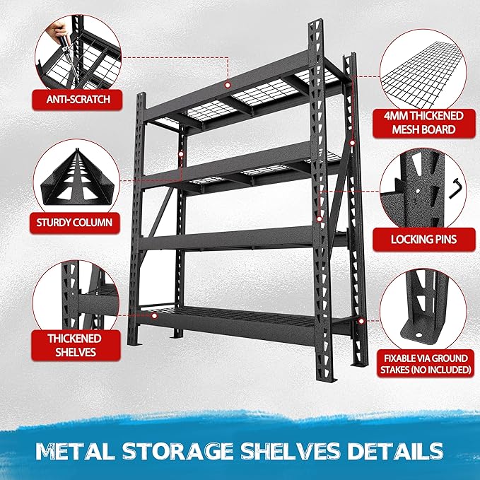 MUPATER 68.11” W × 23.62” D × 59.84” H Garage Shelving, 9000 LBS Heavy Duty Metal Storage Shelves, 4-Tier Adjustable Storage Rack for Basement, Warehouse, Industrial