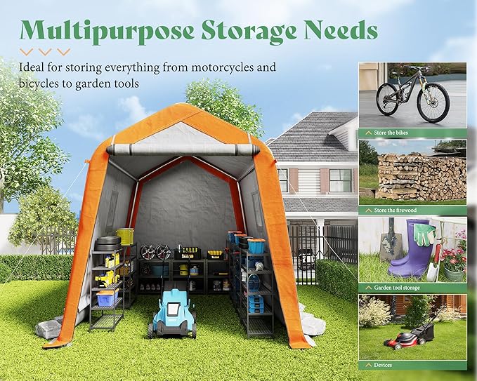 AMERLIFE 6x8x6.6 FT Heavy Duty Portable Shed Storage Shelter, Outdoor Storage Shed with 2 Waterproof Windows & Roll-Up Zipper Door, Carport for Motorcycle, Bike, Grey