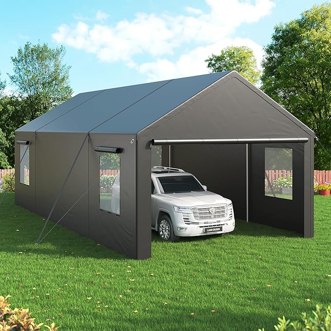 Carport, 13x25 FT Heavy Duty Car Port with Side-Opening Door & Roll-Up Windows, Outdoor Portable Garage Reinforced Four-Hole Base for Car, Truck, Boat, Motorcycle