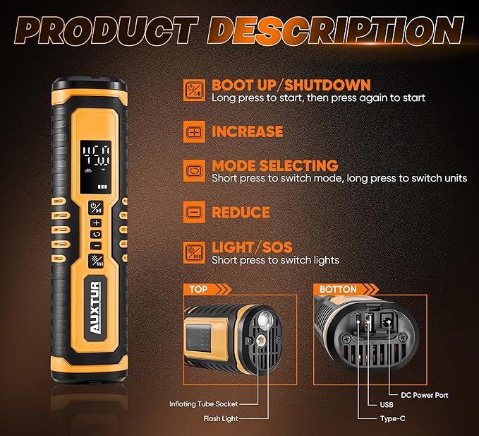 Cordless Tire Inflator for Car with 3 Light Modes and Automotive Power Cords, Electric Air Pump(Type-C) (150PSI)(6000mah Battery), Digital Air Compressor for Motorcycle, Bike, Truck and Ball