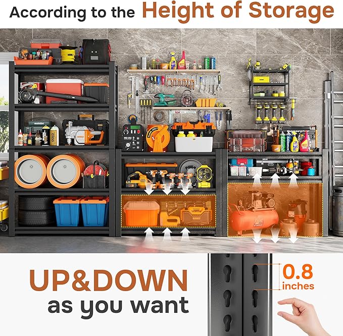 47" W Garage Shelving 3800Lbs Storage Shelves Heavy Duty 5 Tier Adjustable Metal Shelving Unit Garage Shelves for Basement, Warehouse, Commercial 47" W X 78" H X 18" D, Black