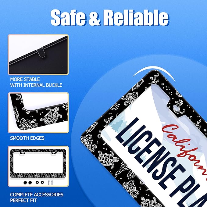 Turtles License Plate Frame Black and White Sea Turtle License Plate Stainless Steel Funny License Plate Holder Men Women Ocean Animal Car Accessory Decoration 12.3" x 6.3"
