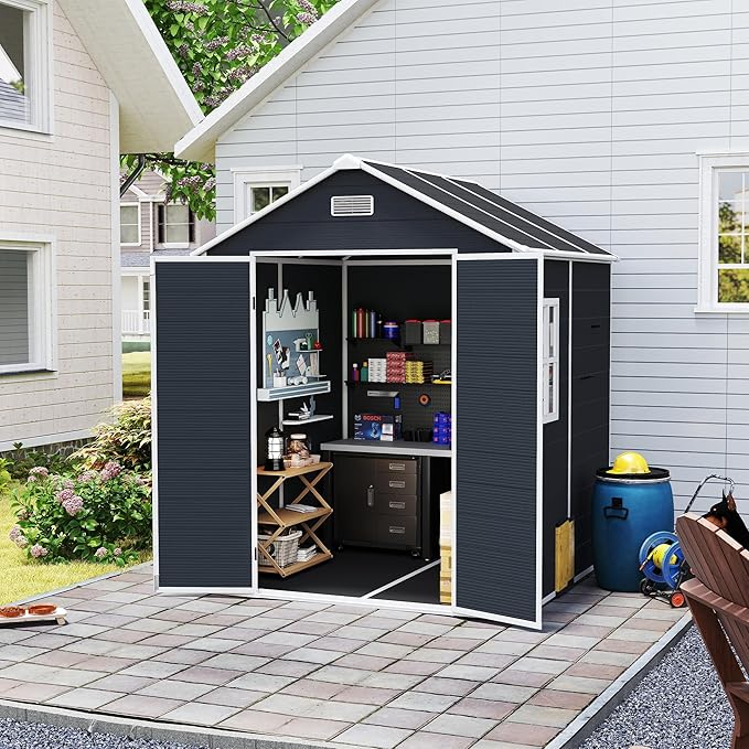 MyVoice 6x6 FT Outdoor Resin Storage Shed with HD Window, Rustproof Waterproof Garden Tool Shed, 12mm Thickened PP Panels, Large Capacity Outdoor Utility House for Backyard Patio (with Floor)