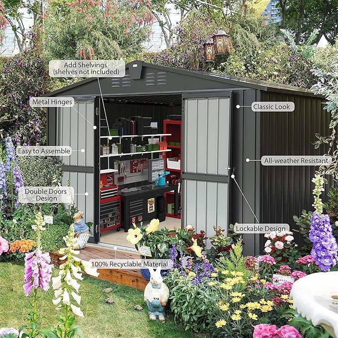 IKERY Galvanized Steel Storage Shed 10' x 8' with Lockable Door - Extra Large Metal Garden Shed for Bikes, Tools, Trash Cans - Backyard & Patio - Dark Gray