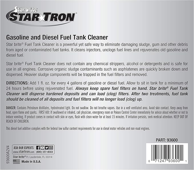 STAR BRITE Star Tron Fuel Tank Cleaner - Remove Sludge, Varnish & Other Deposits - Rejuvenate Old, Stale Fuel - Concentrated Formula Works In Gas Tanks & Diesel Tanks - 1 GAL (093600)