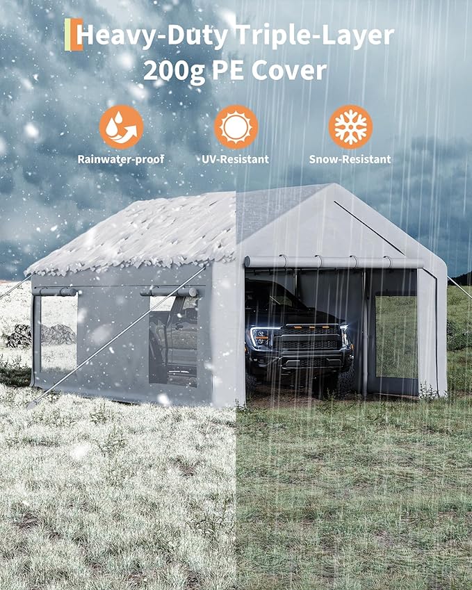 10x20 Ft Carport, Car Port with 200g PE Tarp, Roll-Up Doors, and 4 Windows, for Sedans, Bass Boats, Motos, ATVs, and SUVs, White