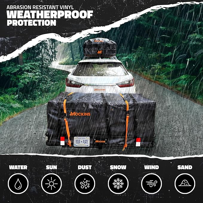 Mockins 60"x20"x6" Heavy Duty Trailer Hitch Cargo Carrier w/License Plate Holder & 16 Cu.Ft. Waterproof Cargo Bag for Hitch Carrier | All-Weather 500 Lbs. Cap Folding Luggage Rack for SUV Car & Truck