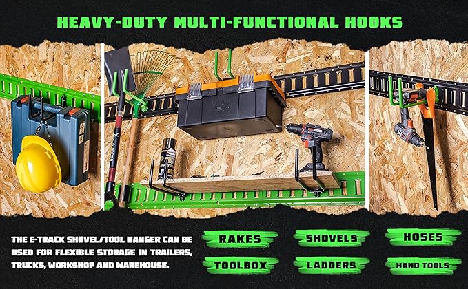 2-Pack E-Track Heavy Duty Shovel/Tool Hanger, E Track Hooks for Tools, Rakes, Spades in Trailers, Trucks, Workshop and Warehouse with E-Tracks, E Track Accessories Tool Holder (Green)