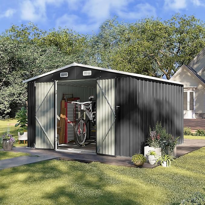 10x10 FT Shed Outdoor Storage Shed with Base, Large Shed Steel Utility Tool Shed Storage House with Door & Lock, Metal Sheds with Sloped Roof for Garden Patio Poolside, Black