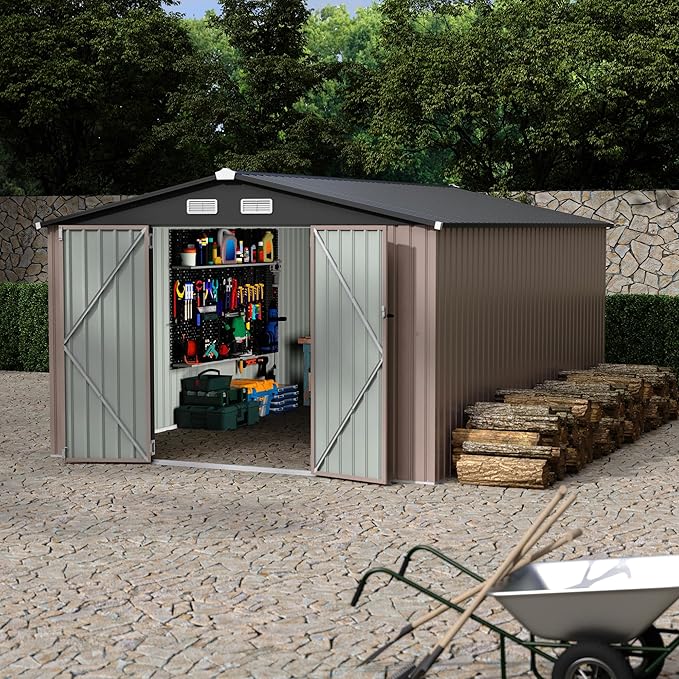 10x14x6.4 FT Outdoor Storage Sheds, Metal Garden Tool Shed for Backyard, Large Metal Sheds Outdoor Storage With Lockable Doors & Air Vents for Backyard Garden Patio Lawn