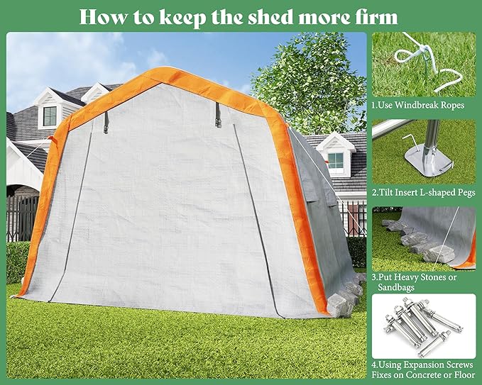 AMERLIFE 10.5x12x8 FT Heavy Duty Portable Shed Storage Shelter, Outdoor Storage Shed with 4 Waterproof Windows & Roll-up Zipper Door, Carport for Motorcycle, Bike, Grey