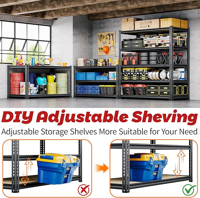72"H Storage Shelves heavy duty, 2200LBS Garage Shelving, 5 Tier Metal Shelving Unit Adjustable Garage Shelves Utility Rack Shelf for Storage Warehouse Pantry Closet,40" W × 20" D × 72" H, Black, 2PCS