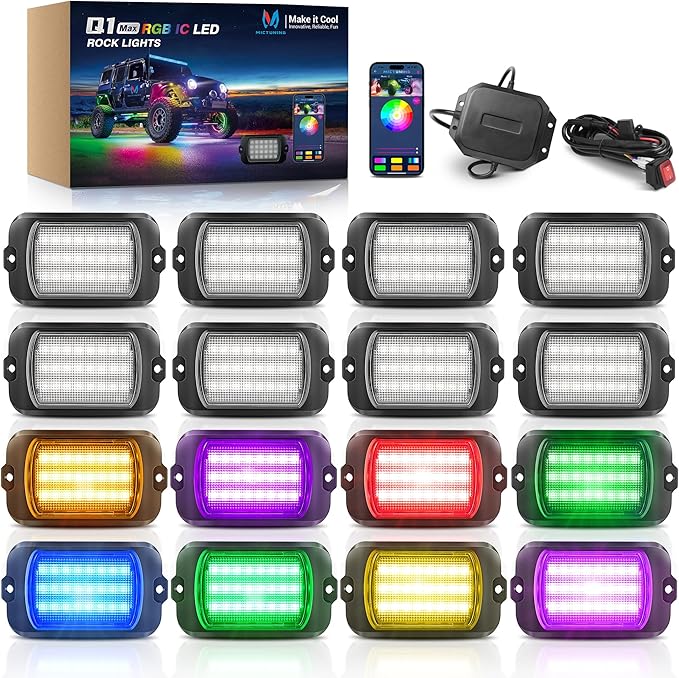 MICTUNING 2025 1000% Bright Q1 MAX RGB+IC Rock Lights,16 Pods Chasing Dreamcolor Extensible Underglow Multicolor Neon Light Underbody Lighting Kit with APP Control for Truck ATV UTV Boat