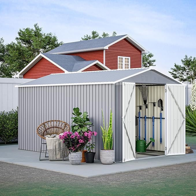 8x12 FT Outdoor Storage Shed,Metal Shed W/Floor,Garden Storage Shed W/ 1 Lockable Hinged Door,All Weather Waterproof Tool House W/ 2 Air Vents & Sloped Roof,for Backyard,Patio,Lawn,Gray