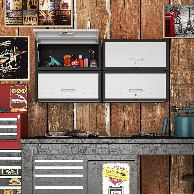 Garage Wall Cabinet with Flip-Up Door, Lockable Metal Storage Cabinet Wall Mounted, Hanging Tool Cabinet for Garage Basement Utility Room (Black &Grey)