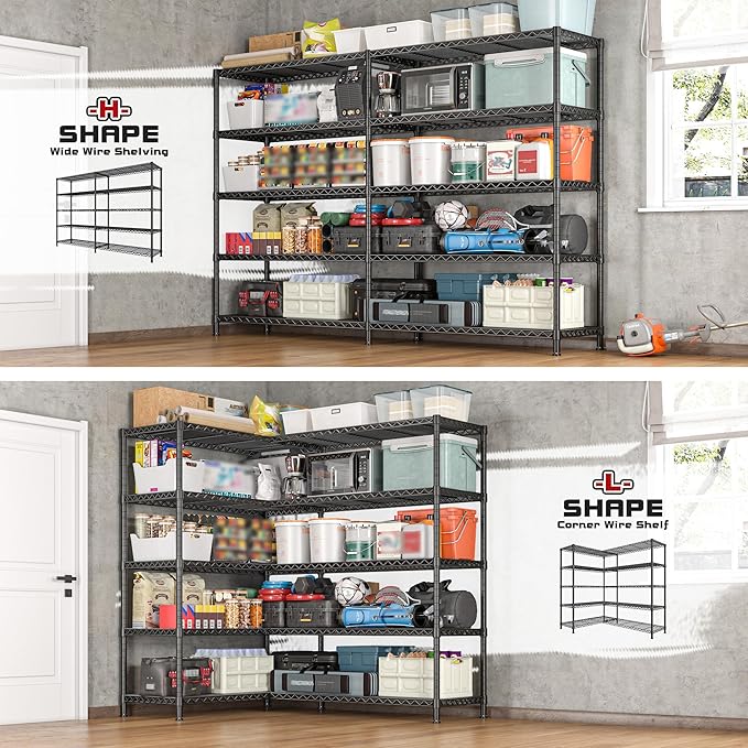 REIBII 72.8" W Storage Shelves Load 1600LBS, 5 Tier Metal Shelving Unit Wire Shelving for Storage Rack Heavy Duty Metal Shelves for Garage Pantry Kitchen, 17.7" D x 72.8" W x 70.9" H