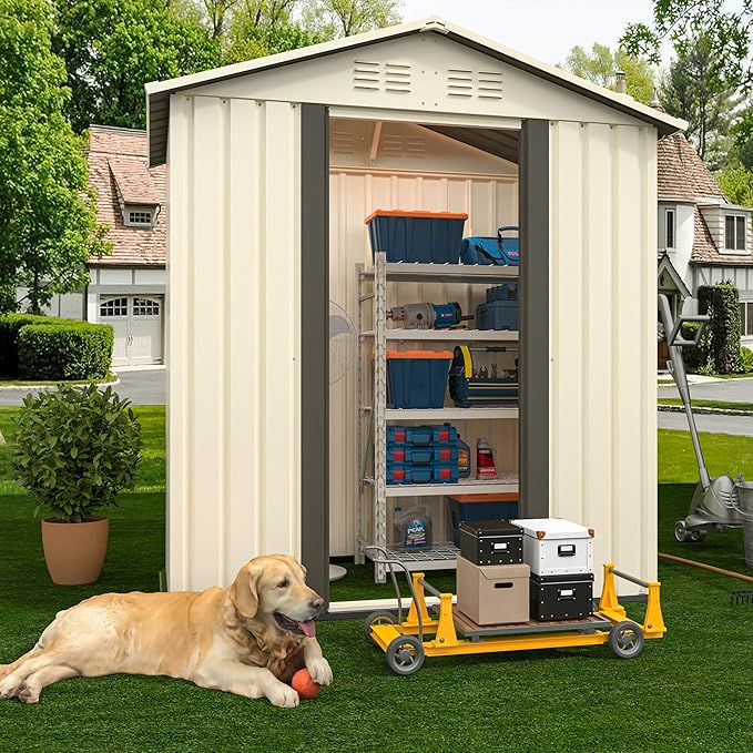 5X3 FT Outdoor Storage Shed, Waterproof Metal Garden Sheds w/Lockable Sliding Doors and Vents, Weather Resistant Tool Storage House for Backyard, Patio, Lawn, Cream White
