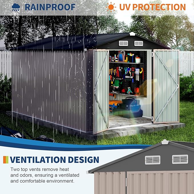 8x12x6.4 FT Outdoor Storage Sheds, Metal Garden Tool Shed for Backyard, Large Metal Sheds Outdoor Storage With Lockable Doors & Air Vents for Backyard Garden Patio Lawn