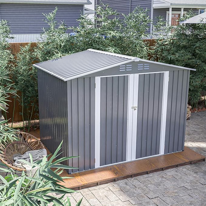 8x6 FT Outdoor Tool Storage Shed with Metal Foundation & Lockable Doors, All Weather Metal Sheds for Garden, Patio, Backyard, Lawn,