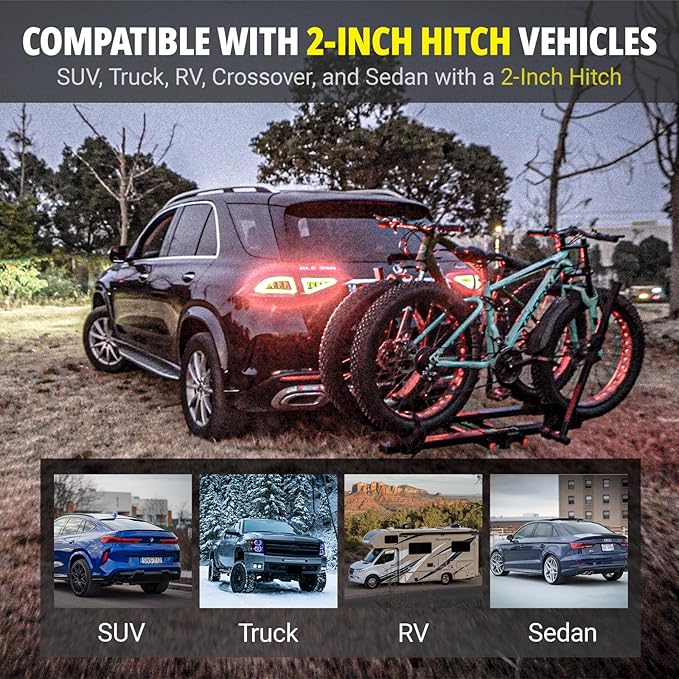 TRAILV2 Hitch Mount 2-Bike Rack with Bike Ramp - Tilt, Fold, Anti-Theft Hitch & Wheel Lock, 170lbs Capacity, 2-Inch Receiver, Up to 5.0" Fat Tire, Electric Bike Rack for Car, SUV, RV, Truck