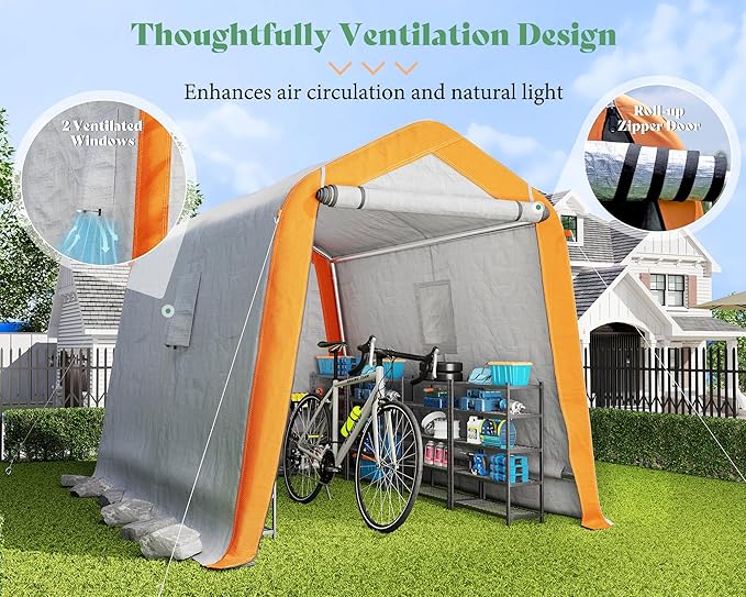 AMERLIFE 6x8x6.6 FT Heavy Duty Portable Shed Storage Shelter, Outdoor Storage Shed with 2 Waterproof Windows & Roll-Up Zipper Door, Carport for Motorcycle, Bike, Grey