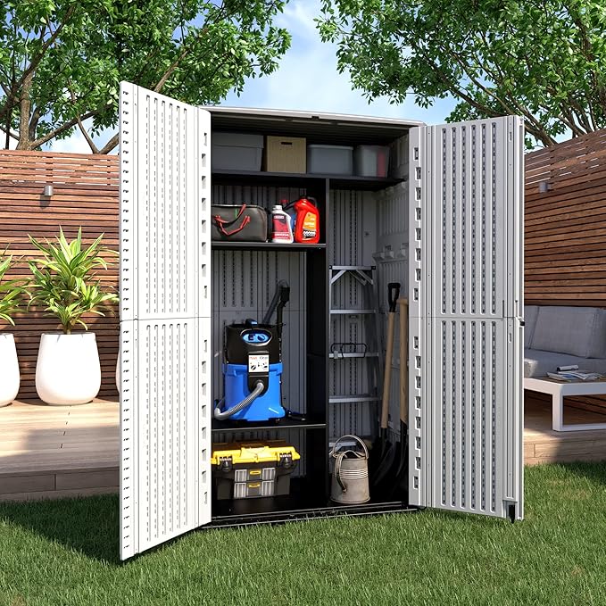 ADDOK Outdoor Storage Cabinet Waterproof,Outdoor Storage Sheds with Floor, Double-Layer Storage Shed for Patios/Generator/Long-Handled Tools (ivory/52 Cu.Ft)