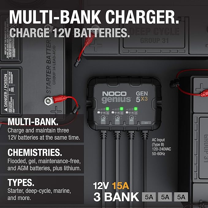 NOCO Genius GEN5X3: 3-Bank, 15A Onboard Battery Charger - 5A Per Bank, 12V Waterproof Marine Charger with Overcharge Protection & Temperature Compensation – for Lead-Acid & Lithium Batteries