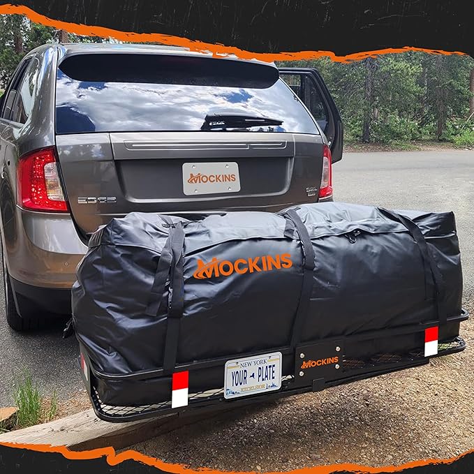 Mockins 60"x20"x6" Heavy Duty Trailer Hitch Cargo Carrier w/License Plate Holder & 16 Cu.Ft. Waterproof Cargo Bag for Hitch Carrier | All-Weather 500 Lbs. Cap Folding Luggage Rack for SUV Car & Truck