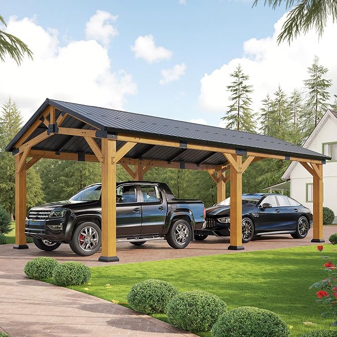 Jocisland 12x24 FT Cedar Wood Hardtop Carport with Steel Roof, Waterproof Outdoor Gazebo Pavilion, Heavy-Duty Snow & Wind Resistant Canopy for Patio, Driveway, Garden