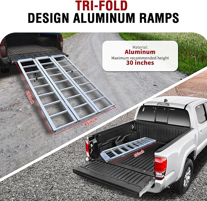 Rockland Tri-Fold Aluminum Loading Ramp, 69'' x 45'', 1500 LBS Loading Capacity, Portable Ramp for Motorcycles, Ebikes and ATVs, with 2 Safety Straps Included