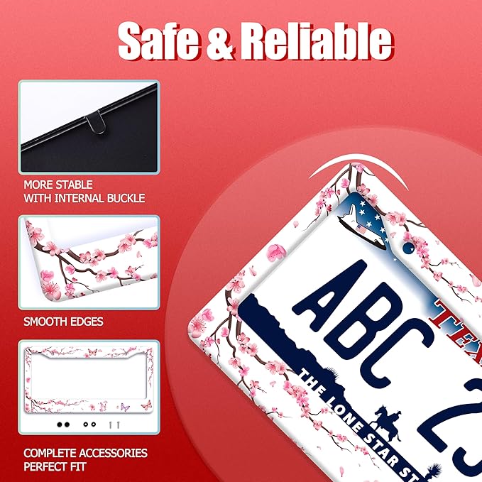Pink Cherry Blossom Butterfly License Plate Frame Beautiful Flowers License Plate Holder Funny Stainless Steel Accessories Cars Decor With 2 Holes And Screws Fits Standard Us Ca Vehicles 12.2 X 6 Inch