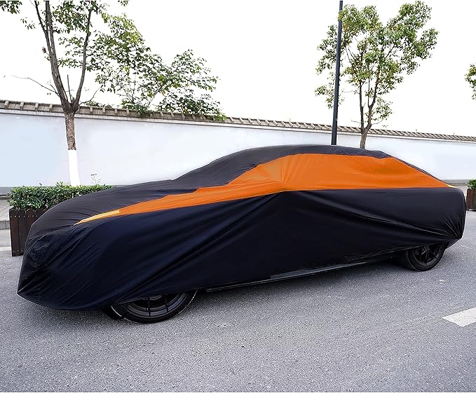 MORNYRAY Waterproof Car Cover All Weather Snowproof UV Protection Windproof Outdoor Full car Cover, Universal Fit for Sedan (Orange, A3-Fit Sedan Length(178-185 inch)