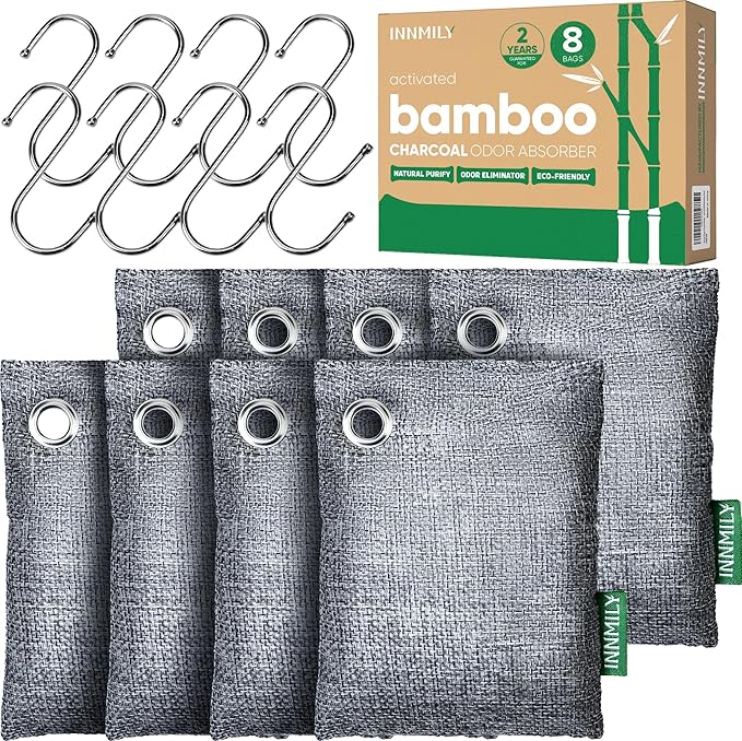 Activated Charcoal Odor Absorber, 8 Pack w Hooks Nature Odor Eliminator for Strong Odor, Bamboo Charcoal Air Purifying Bags, Moisture Absorbers for Fresh Home Car Closet Pet, Smoke Smell Deodorizer