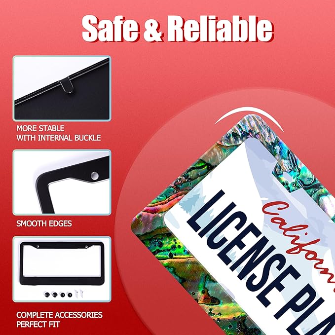 Personalized License Plate Frame Faux Abalone Stainless Steel Accessory Faux Shell License Plate Holder Funny Car Decorative 2 Holes Screws Fits Us Standard License Plates 12.2 X 6.3 in for Men Women