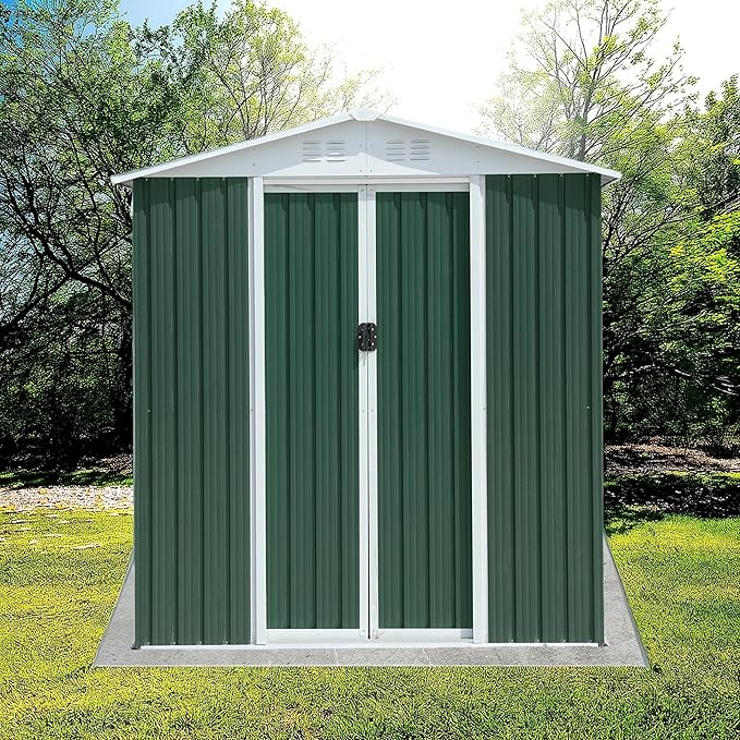 6x4 FT Outdoor Metal Storage Shed, Waterproof Outside Garden Sheds w/Lockable Sliding Doors and Vents, Weather Resistant Steel Tool Storage House for Backyard, Patio, Lawn, Green