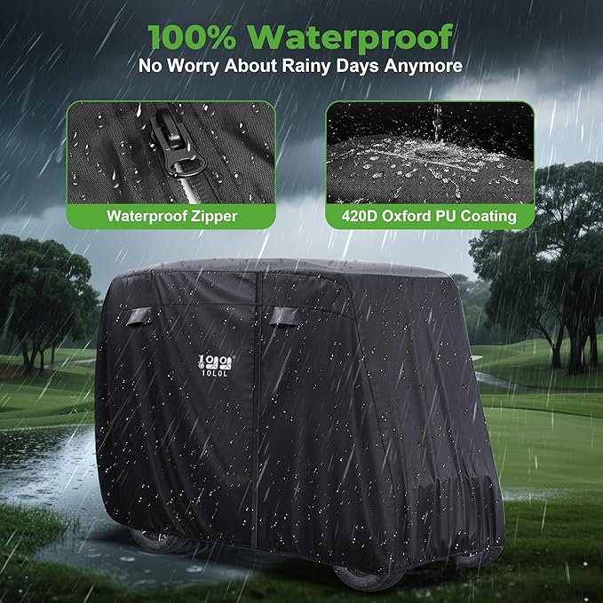 10L0L 4 Passenger Golf Cart Cover for Yamaha EZGO Club Car, 400D Polyester All-Weather Waterproof Golf Cart Storage Cover with Three Zipper Doors-Black