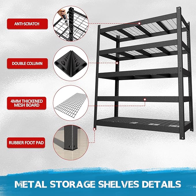 MUPATER 59.84”W × 24.02”D × 71.65”H Heavy Duty Metal Storage Shelves, 3000 LBS Utility Shelf Racks with 5-Tier Adjustable Shelves, Garage Shelving Unit for Warehouse, Garage, Kitchen