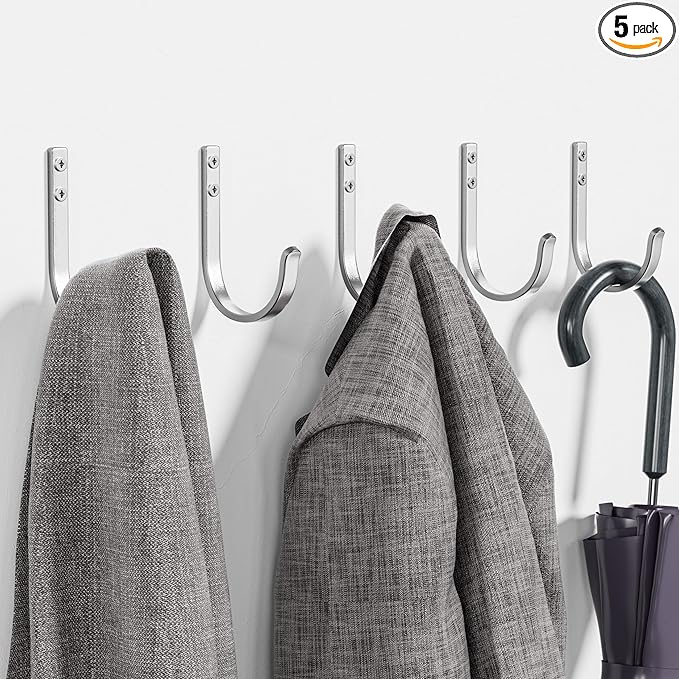Wall Hooks for Hanging Towel/Coat - 22LB Screw in Metal Hanger Wall Mount, for Outdoor, Closet, Door, Bathrooms, for Backpack, Robe, Silver 5 Pack