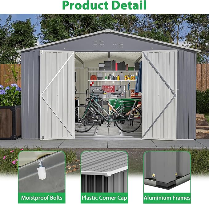 Large Outdoor Storage Shed, 11' X 13' Metal Galvanized Steel Garden Shed with Floor Frame, Utility Tool Shed Storage House for Backyard, Patio, Lawn